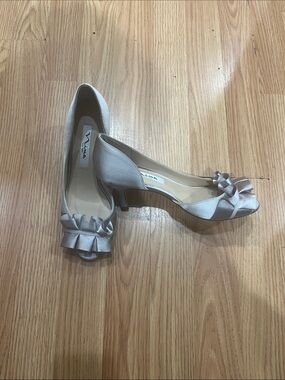 Nina Silver Satin Peep-Toe Low Heel with Bow